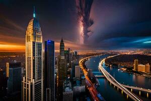 el ciudad horizonte a noche con un tormenta en el cielo. generado por ai foto