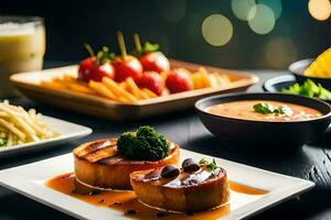 a table with food and drinks on it. AI-Generated photo