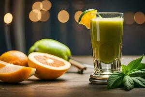 a glass of green juice with oranges and basil. AI-Generated photo