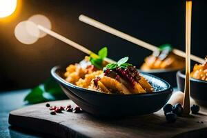 three bowls of food with chopsticks on top. AI-Generated photo