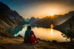 un mujer sentado en el borde de un montaña con vista a un lago. generado por ai foto