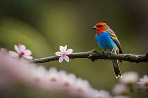 a colorful bird sits on a branch with pink flowers. AI-Generated photo