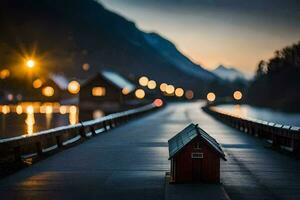 un pequeño rojo casa se sienta en el lado de un puente. generado por ai foto