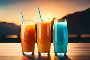 three glasses of juice with blue straws on a table. AI-Generated photo