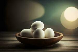 blanco huevos en un de madera cuenco en un mesa. generado por ai foto
