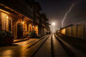 a lightning bolt is seen over a train track. AI-Generated photo