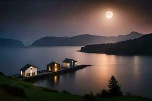 a full moon shines over a lake and two houses. AI-Generated photo