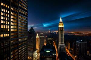 el imperio estado edificio es iluminado arriba a noche. generado por ai foto