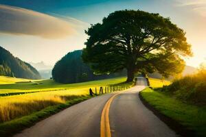 un país la carretera con un árbol en el medio. generado por ai foto