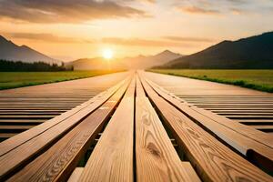 a wooden walkway in the middle of a field. AI-Generated photo