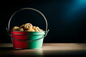 a bucket filled with cookies on a table. AI-Generated photo