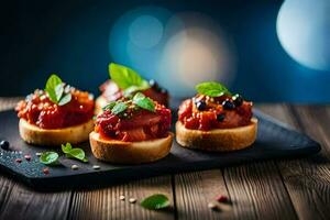 small sandwiches with tomato sauce on a black plate. AI-Generated photo