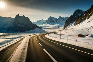 a road in the snow with mountains in the background. AI-Generated photo