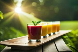 five glasses of juice on a wooden tray. AI-Generated photo