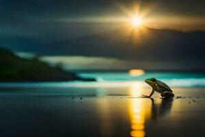 un rana se sienta en el playa a puesta de sol. generado por ai foto