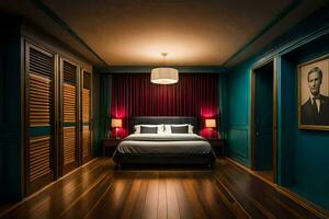 a bedroom with a bed and wooden floors. AI-Generated photo