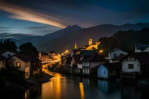 un río carreras mediante un pueblo a noche. generado por ai foto