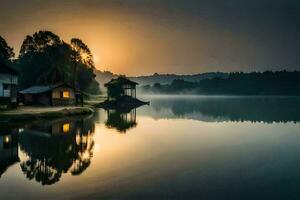 un casa en el lago a amanecer. generado por ai foto
