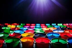 many colorful plastic cups are arranged in a row. AI-Generated photo
