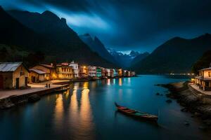 photo wallpaper the sky, mountains, water, boats, houses, night, norway, the. AI-Generated