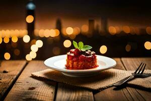 a dessert on a plate with a cityscape in the background. AI-Generated photo