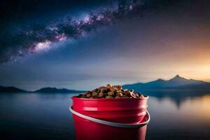 a bucket of dog food on a lake with a milky sky. AI-Generated photo