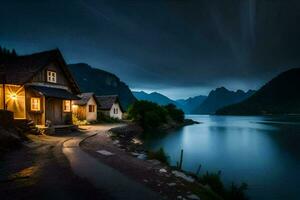 a house on the shore of a lake at night. AI-Generated photo