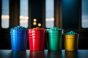 colorful buckets of candy on a table. AI-Generated photo