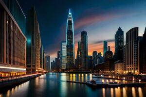 the chicago skyline at night with the river and buildings. AI-Generated photo