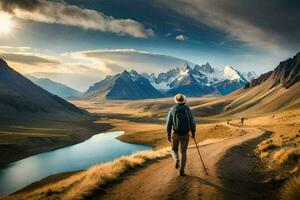 un hombre camina en un camino en el montañas. generado por ai foto