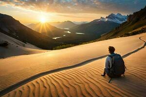 a man sitting on the sand dunes at sunset. AI-Generated photo