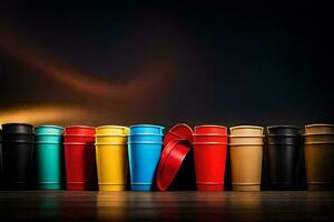 colorful cups lined up on a table. AI-Generated photo