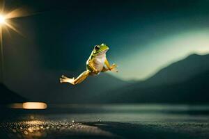 a frog jumping in the air at night. AI-Generated photo