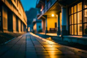 un largo, estrecho callejón con luces en el calle. generado por ai foto