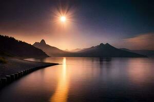 el Dom es brillante terminado un lago y montañas. generado por ai foto