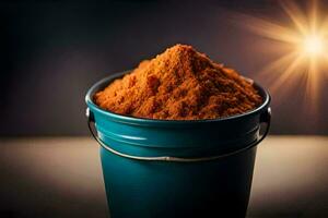 a bucket filled with orange powder sitting on a table. AI-Generated photo