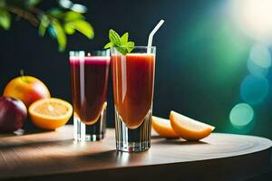 two glasses of juice with oranges and apples. AI-Generated photo