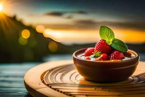 un cuenco de fresas con un puesta de sol en el antecedentes. generado por ai foto