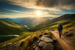 a man walks on a path in the mountains. AI-Generated photo