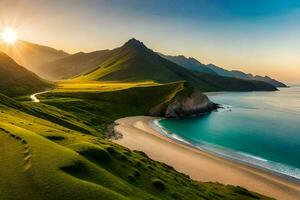 the sun rises over the mountains and the beach in this beautiful landscape. AI-Generated photo