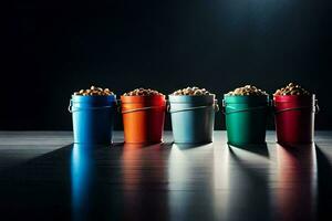 five buckets of nuts on a dark table. AI-Generated photo