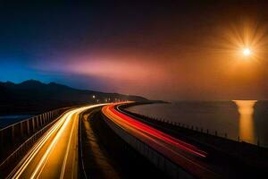 un largo exposición fotografía de un autopista a noche. generado por ai foto