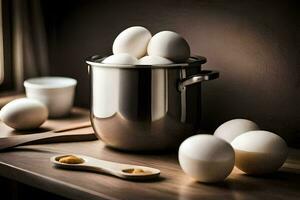 eggs in a pot on a table. AI-Generated photo
