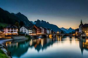 the town of switzerland at dusk. AI-Generated photo