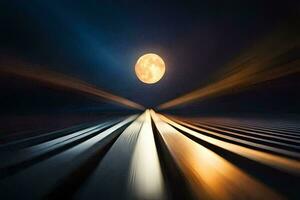 a train track with the moon shining brightly. AI-Generated photo