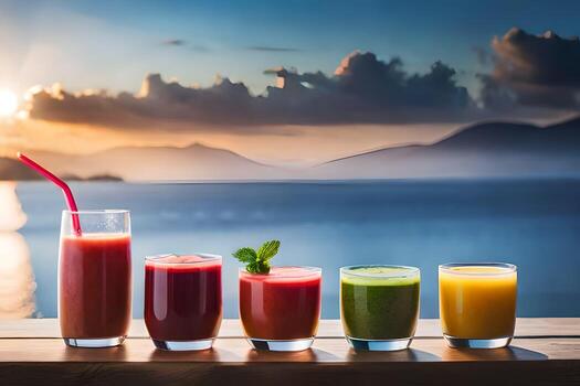 five different juices are lined up on a table with the sun setting behind them. AI-Generated photo