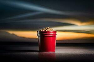 a red bucket filled with sand sits on a table. AI-Generated photo