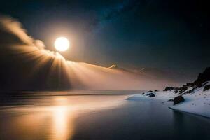 el Luna brilla brillantemente terminado un lago en el nieve. generado por ai foto