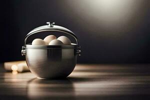 a silver bucket with eggs in it on a table. AI-Generated photo