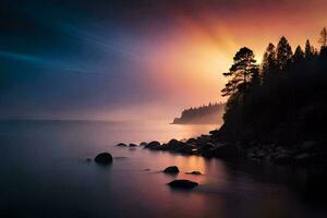 a beautiful sunset over the ocean with rocks and trees. AI-Generated photo